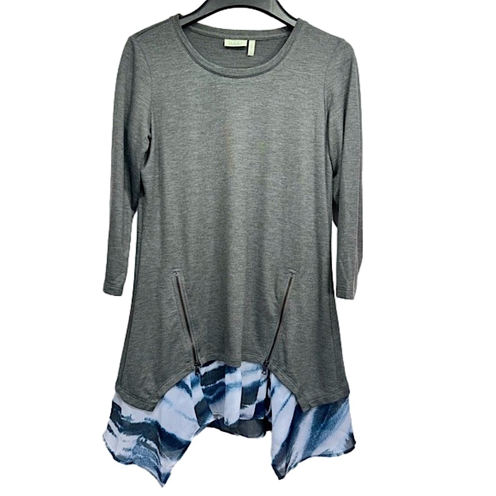 Gray Knit Tunic w/ Zippers & Blue White Gray Asymmetric Shirttails LOGO Lounge